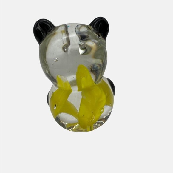 Handcrafted Art Glass Panda Bear Figurine Paperweight Clear Black Yellow 2.75" - Picture 3 of 6